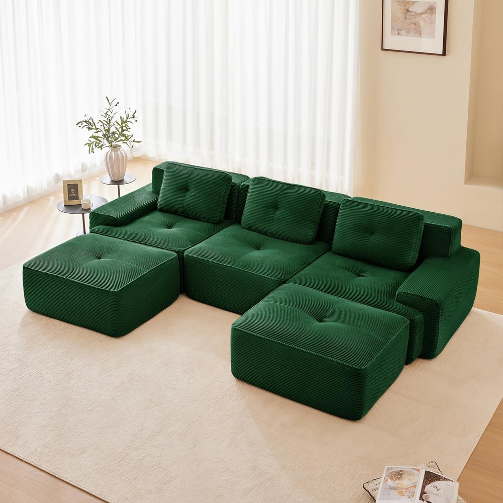 115" Modern Green Corduroy Boneless Sofa Set, 3 Seater Modular Sectional Couches for Living Room, Compressed Memory Foam Cloud Couch with 2 Ottoman, Deep Seat, No Assembly, Sofas para Sala, U Shaped