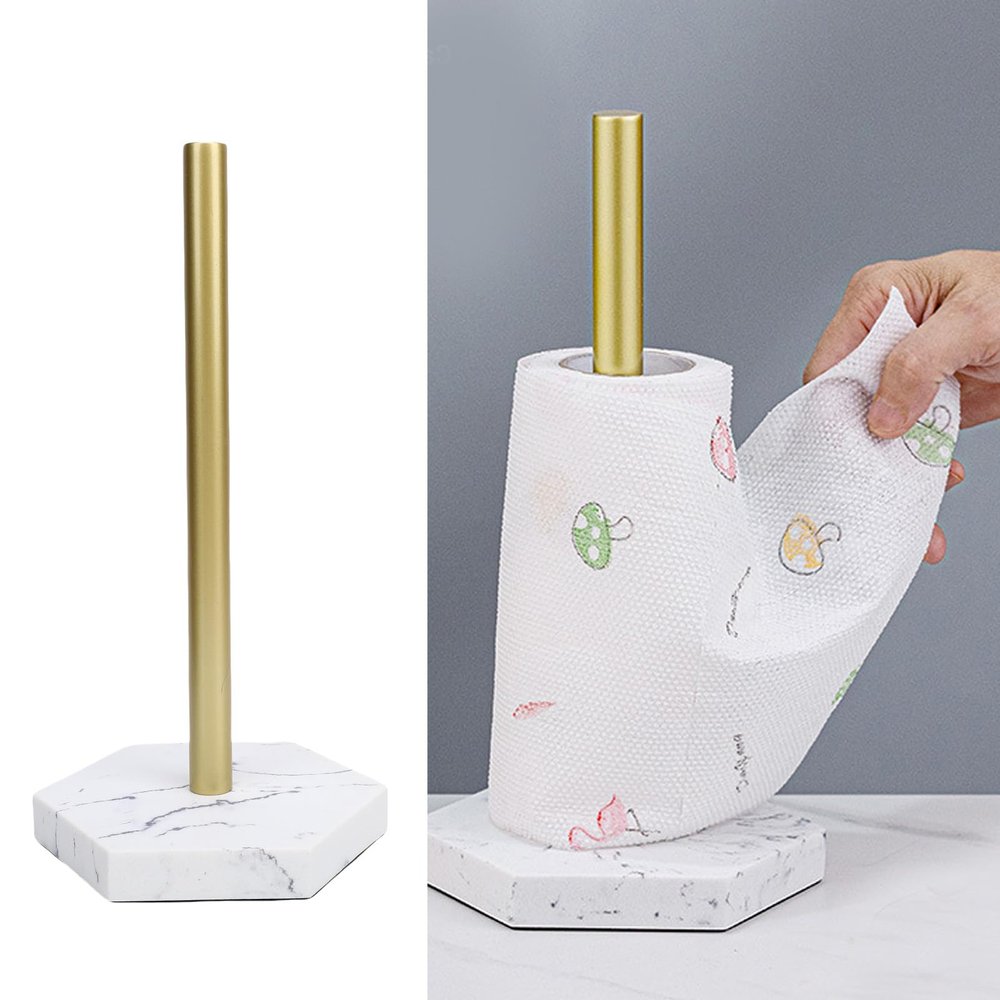 AYNEFY Gold Marble Paper Towel Holder Stainless Steel Kitchen Roll Dispenser Countertop Stand for Standard and Large Rolls with Weighted Base