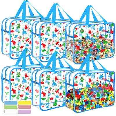 6 Packs Large Toy Storage Bags with Labels, Reusable Clear PVC Storage Bag, Travel Waterproof Organizer Bags (Blue-cute pattern)