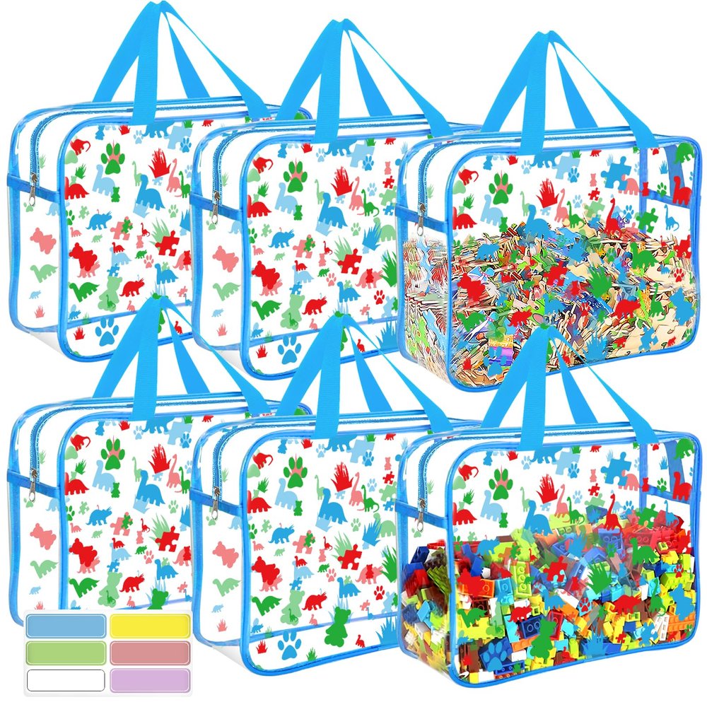 6 Packs Large Toy Storage Bags with Labels, Reusable Clear PVC Storage Bag, Travel Waterproof Organizer Bags (Blue-cute pattern)
