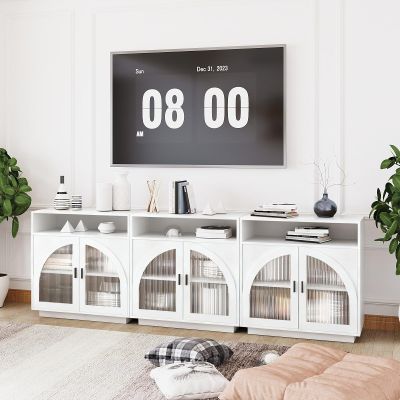 ALWXIA Sideboard Buffet Cabinet with Storage, 94.5 Farmhouse Curved Design Accent Cabinet with Acrylic Doors & Adjustable Shelves, Modern Coffee Bar (Sideboard W/Compartment_White, 3Pcs)