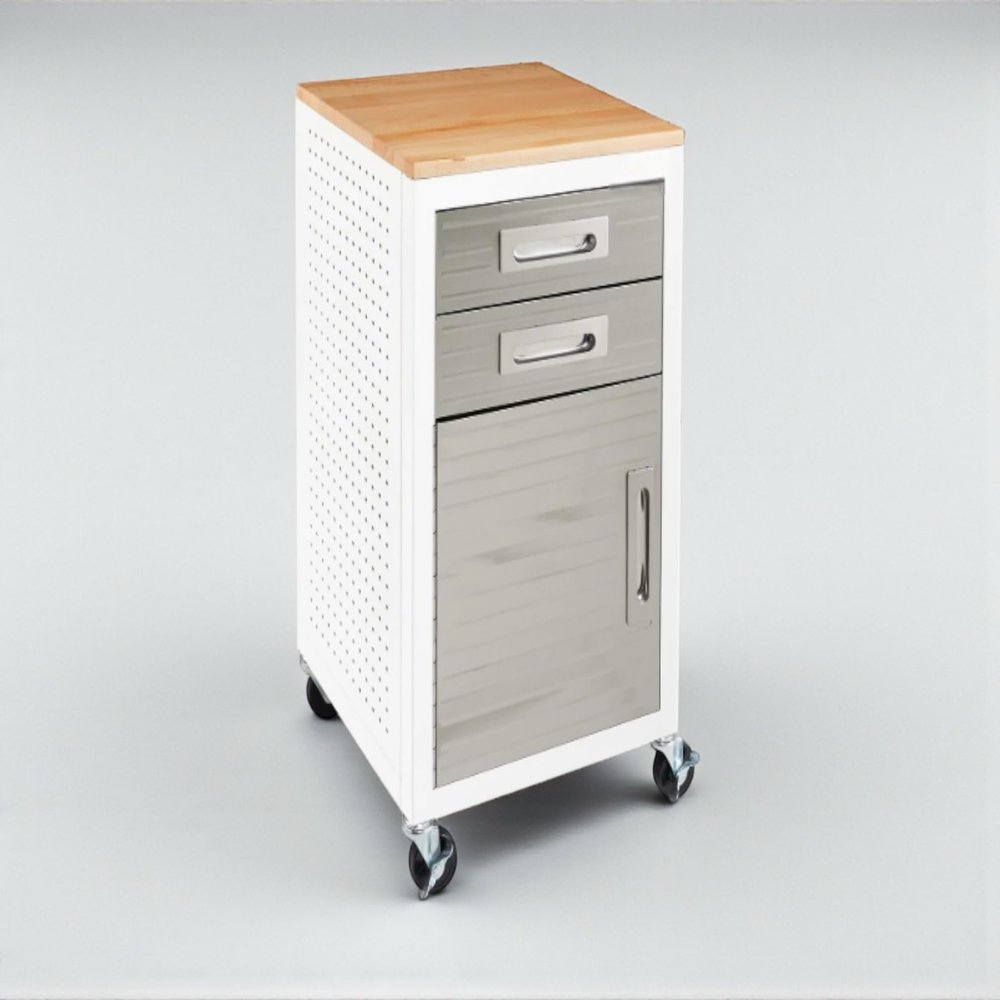 Heavy Duty Rolling Storage Cabinet with Wheels and Drawers, Workstation for Garage, Office, Workshop, 1 Door, 2 Drawer (20" W x 18" D x 34.7" H), White