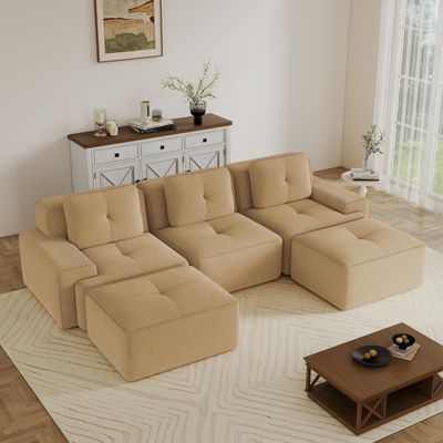 117.3" U Shaped Modular Sectional Sofa, Modern Comfy 5 Seater Boneless Couch with Ottoman, Comfy Cloud Sleeper Sofa with Deep Seat, Upholstered Couches for Living Room, Apartment, Camel