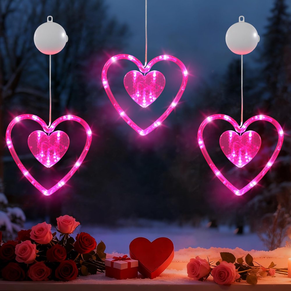 Lewondr 3Pcs Valentines Day Window Lights with 2 Lighting Modes, Pink