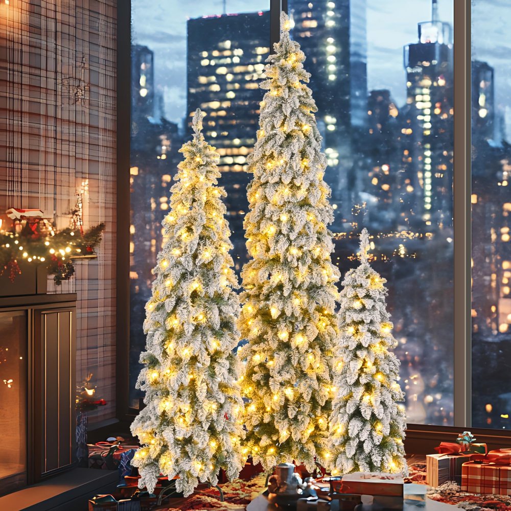 Durable Artificial Design! 3 Sets of 8/6/4-foot Snow Plush pre Hair Pencil Trees with 1455 Branches and 520LED11 Light Effect Christmas Trees, Slender and not occupying Much Space