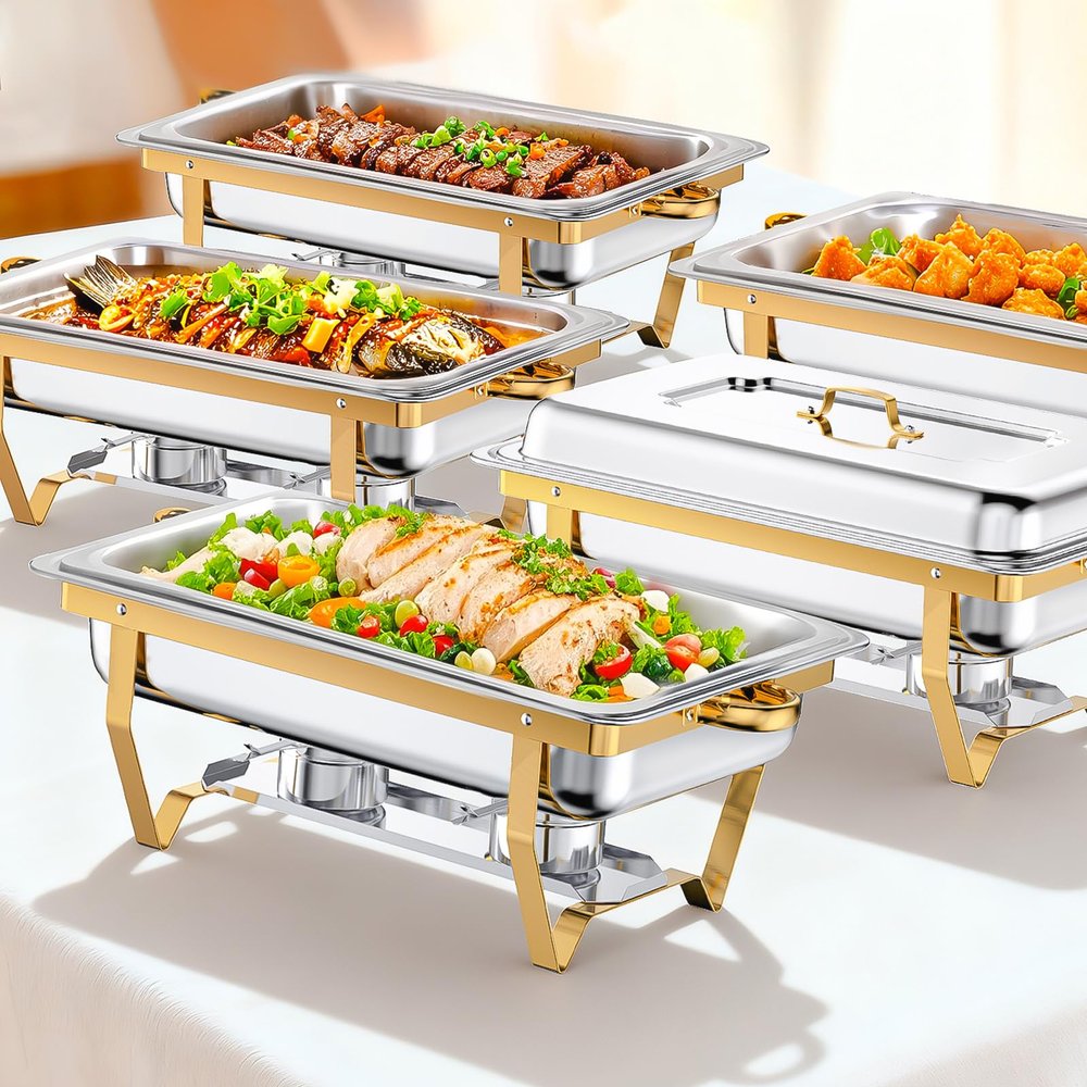 XYJBHB Chafing Dishes for Buffet, 9QT 5 Pack Chafing Dish Buffet Set, Stainless Steel Catering Warmer Server with 5 Full Size Pans for Home Party Wedding Buffets, Gold