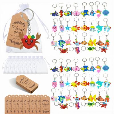 100 Sets Ocean Themed Party Including Cute Sea Creatures Keychain with Thank You Cards Organza Bags Party Decorations Gifts Baby Shower