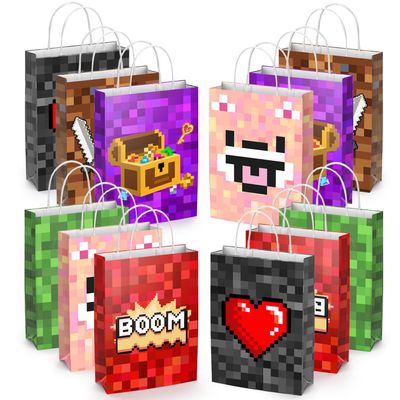 12 Pixel Birthday Favor Bags with Handles - Kids Party Candy Favor Bags, Video Game Party Decoration Supplies, for Boys and Girls Pixel Birthday Decoration