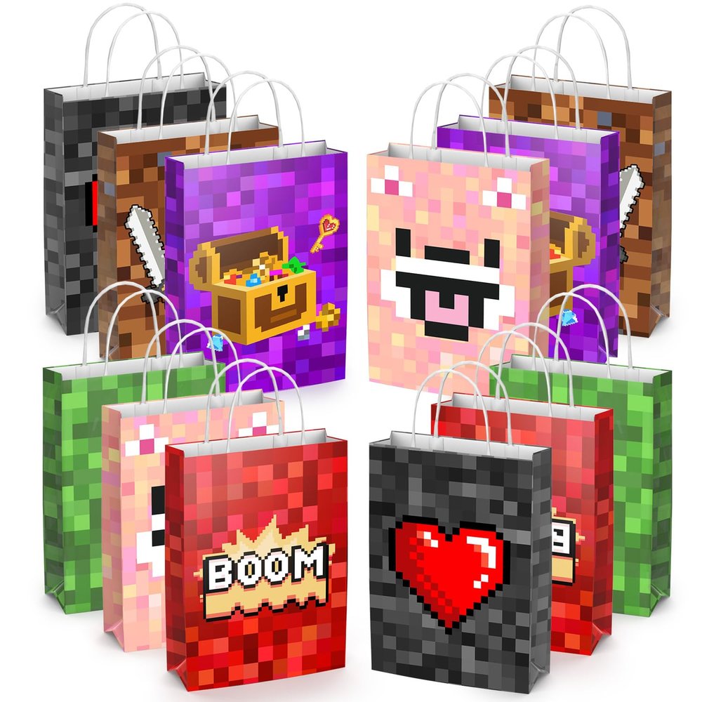 12 Pixel Birthday Favor Bags with Handles - Kids Party Candy Favor Bags, Video Game Party Decoration Supplies, for Boys and Girls Pixel Birthday Decoration
