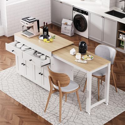 HZSSDTKJ 74.5-Inch Modern Kitchen Island with Extendable Dining Table, Wooden Rolling Storage Cart on Wheels with 4 Door Cabinet, 2 Drawers and Spice Rack for Kitchen, Dining Room (White-06)