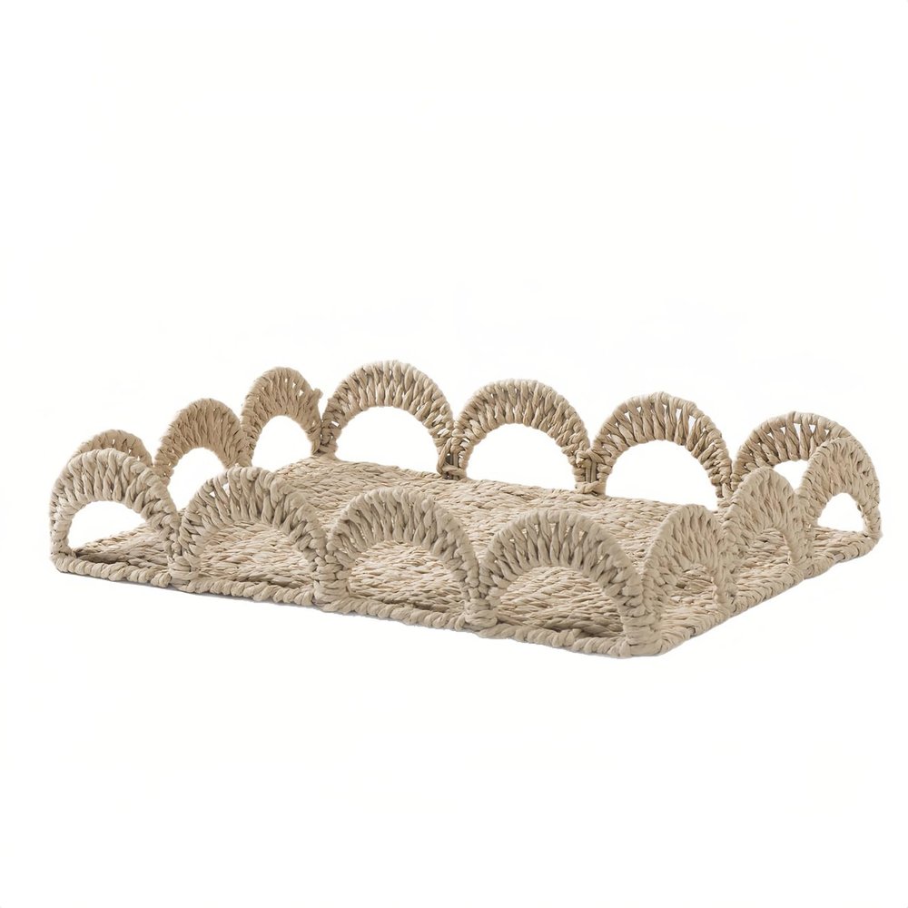 EWMKEODCA Basket,Scalloped Rectangular Wicker Rattan Tray,Hand Woven for Home Decor,Coffee Table,Storage and Organization