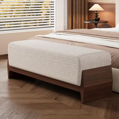 Christopher Knight Home Kingen 55'' Linen Fabric Upholstered End of Bed Ottoman, Wooden Living Room Ottoman Bench with Thick Soft Cushions, Long Entryway Bench, Long Seating for Bedroom, Brown + Beige