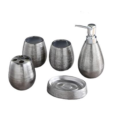5-Piece Ceramic Bathroom Set with Brushed Silver Finish, Soap Dispenser, Toothbrush Holder, Soap Dish, Tumbler Bath Set(B)