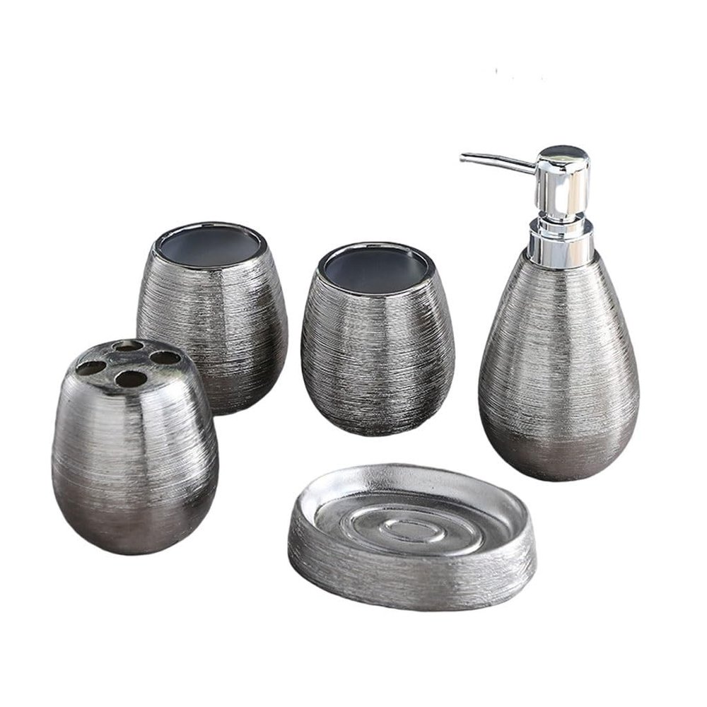 5-Piece Ceramic Bathroom Set with Brushed Silver Finish, Soap Dispenser, Toothbrush Holder, Soap Dish, Tumbler Bath Set(B)