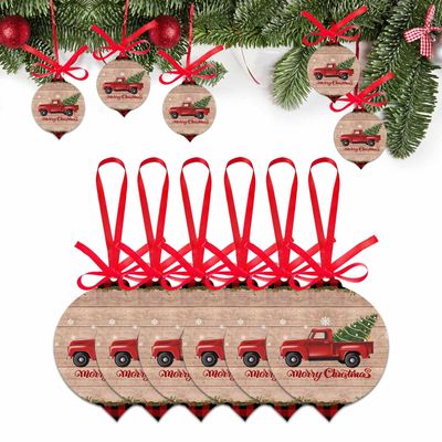 2025 Christmas Ornaments Set of 6, Merry Christmas Red Truck on Wooden Xmas Tree Ornaments Hanging Acrylic Ornament Xmas Tree Party Decoration, Red Black Plaid