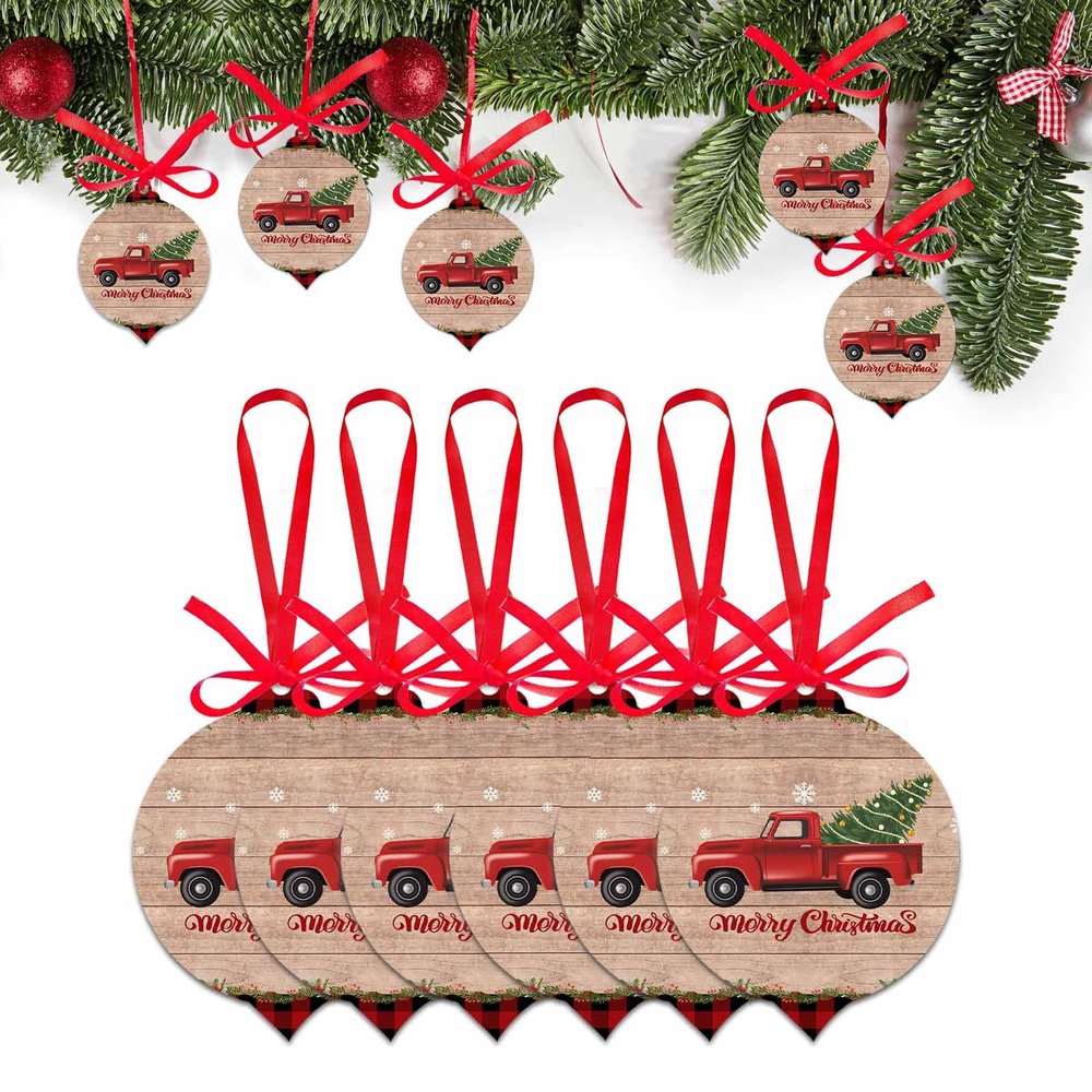 2025 Christmas Ornaments Set of 6, Merry Christmas Red Truck on Wooden Xmas Tree Ornaments Hanging Acrylic Ornament Xmas Tree Party Decoration, Red Black Plaid