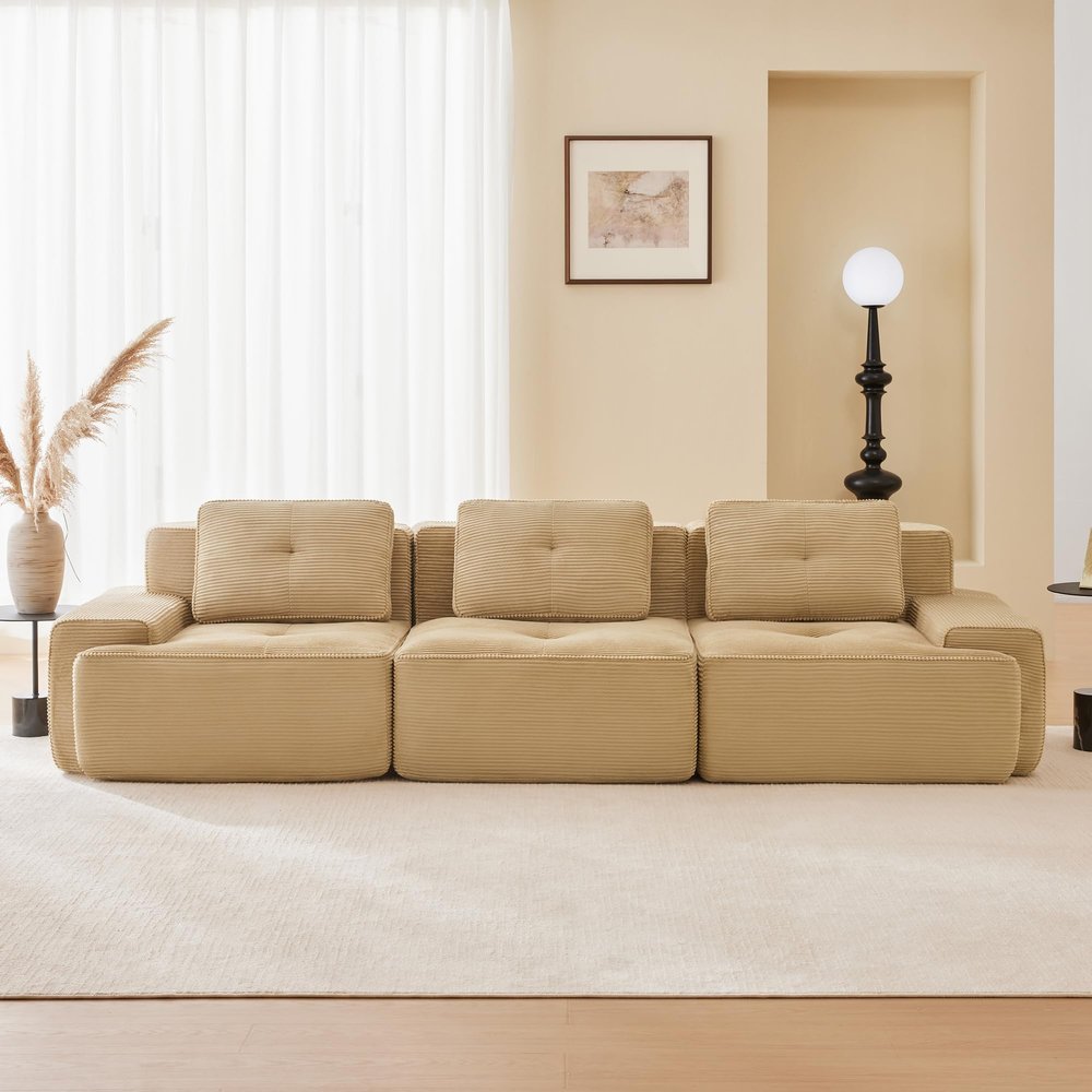 115.3 Camel Boneless Couches for Living Room, Modular Sectional Sofa, 3 Seater Comfy Upholstered Deep Seat Corduroy Fabric Cloud Couch No Assembly, Anti-Slip Design