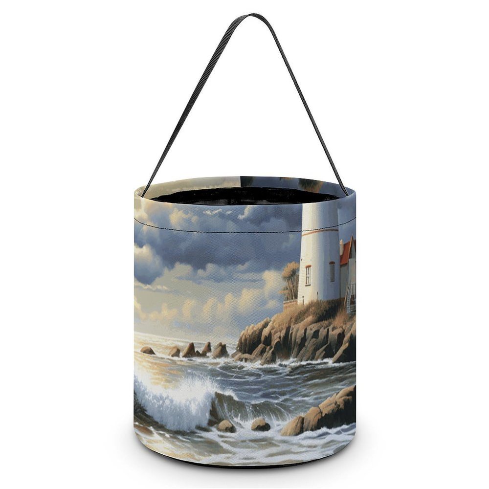 Large Halloween Tote Treat Bags Sea Lighthouse Sandbeach Printed Halloween Goodie Candy Bags,Snack Grocery Tote with Handles