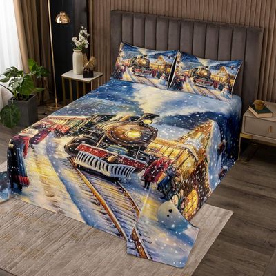 Erosebridal Christmas Vintage Train Bedspread Sets Queen Size Xmas Cute Snowman Coverlet Set Winter Happy New Year Bed Set Xmas Train Bedding Set
