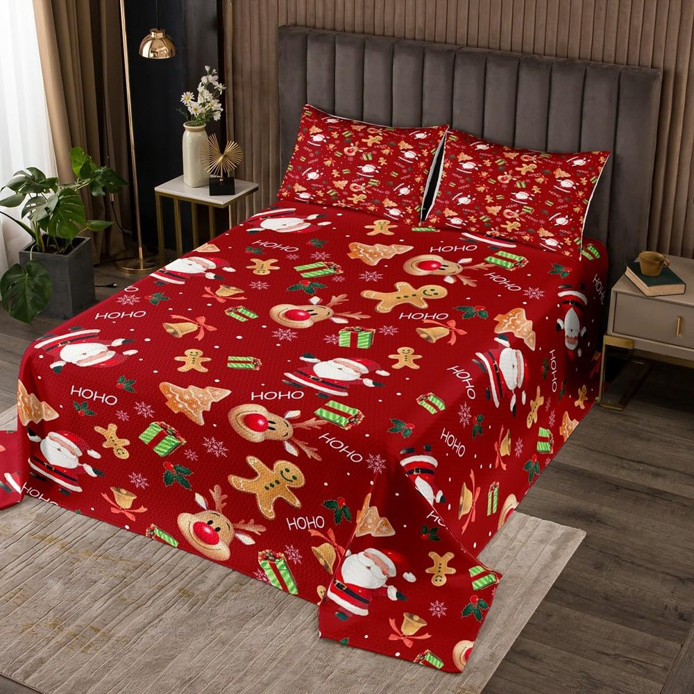Erosebridal Kids Christmas Bedspread Sets Twin Size Cute Santa Claus Coverlet Set for Boys Girls Merry Christmas Bed Set Cartoon Gingerbread Man Deer Xmas Bedding Set