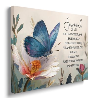 Blue Butterfly Vintage Floral Inspiring Christian Gifts for Women Canvas Wall Decor, With Rustic Farmhouse Charm, Perfect Inspirational Quotes Framed Bathroom Pictures Inspirational Wall Art Ready to Hang (16"x24")