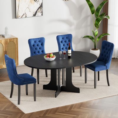 43.31" -59.06" Extendable Dining Table Set of 4, Black Dining Room Table & 4 Blue Velvet Dining Chairs with Wood Leg, Rustic Kitchen Dining Table and Chairs Set, Modern 5 Piece Dining Set