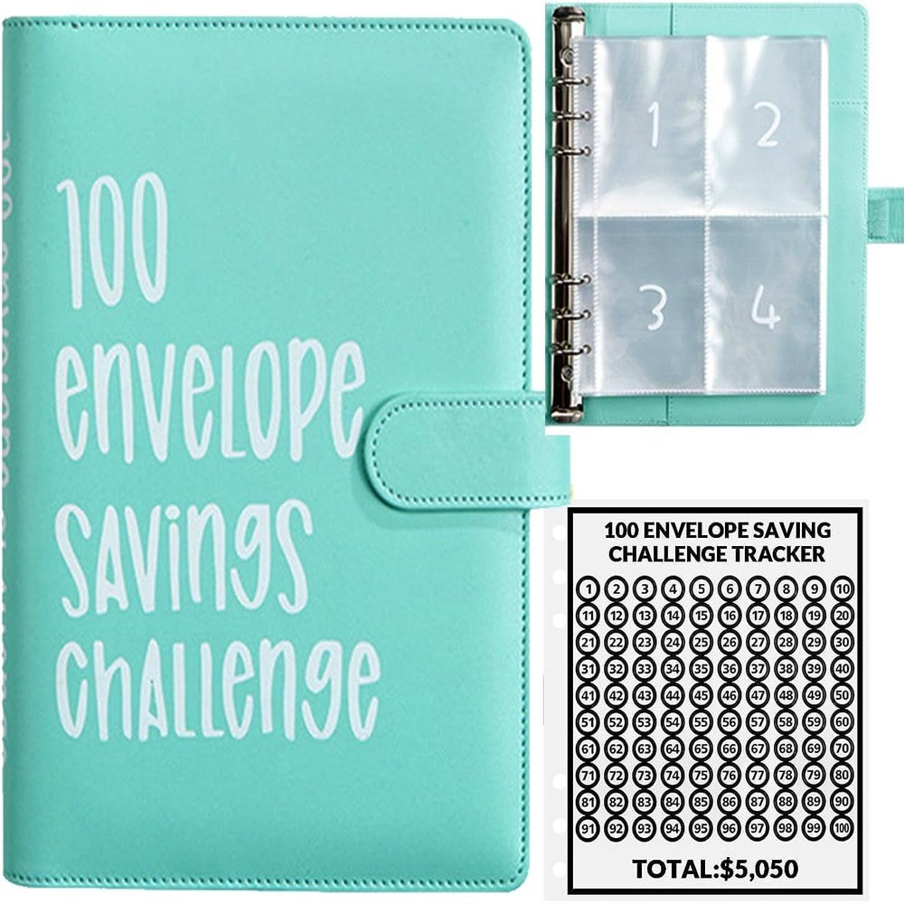 100 Envelopes Money Saving Challenge, 100 Envelope Challenge Binder, Easy and Fun Way to Save $5,050, Savings Challenges Budget Book Binder with Cash Envelopes for Office,Home,School (Green)