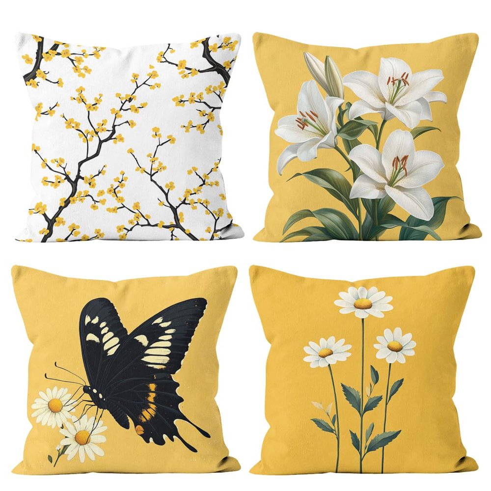 PTHJZJH Daisy Pillow Covers 18x18 inch Set of 4 Butterfly Yellow Modern Floral Nature Decorative Throw Pillow Cases Holiday Decorations for Sofa Couch Farmhouse Home