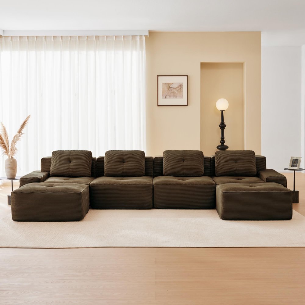 150.4 Brown Boneless Couches for Living Room, Modular Sectional Sofa with U-Shape Chaise, 4 Seater Comfy Upholstered Deep Seat Corduroy Fabric Cloud Couch No Assembly, Anti-Slip Design