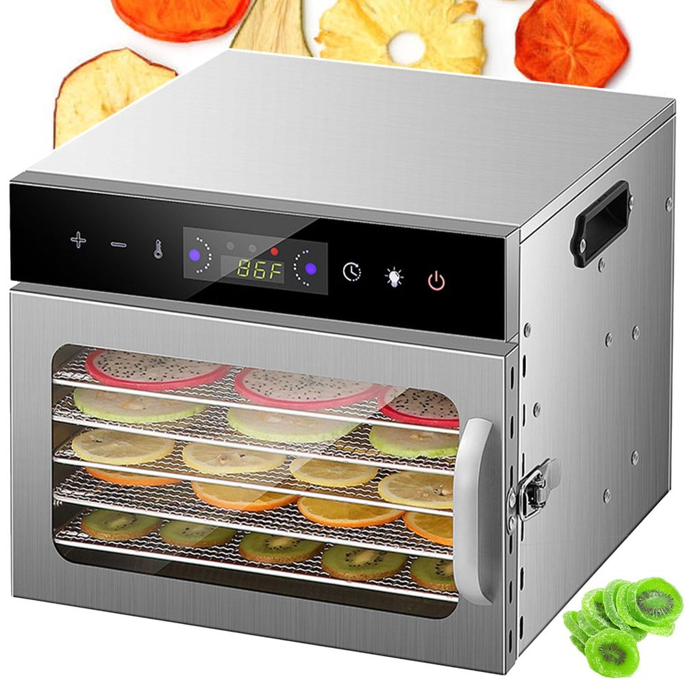 pealiritansemen Commercial Stainless Steel Food Dehydrator, Touch-Control Timer & 30-90C Temperature, Dehydration Machine for Jerky, Fruit, Dog Treat, Herb, Veggies, Large Capacity Drying 6-Tier