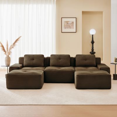 115.3 Brown Boneless Couches for Living Room, Modular Sectional Sofa with U-Shape Chaise, 3 Seater Comfy Upholstered Deep Seat Corduroy Fabric Cloud Couch No Assembly, Anti-Slip Design