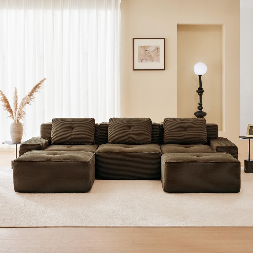 115.3 Brown Boneless Couches for Living Room, Modular Sectional Sofa with U-Shape Chaise, 3 Seater Comfy Upholstered Deep Seat Corduroy Fabric Cloud Couch No Assembly, Anti-Slip Design