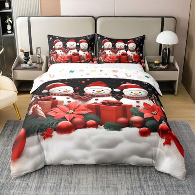 Erosebridal Christmas Snowman Bedding Set King Winter Holiday Snowflakes 100% Cotton Duvet Cover Red Xmas Poinsettia Comforter Cover for Kids Boys Girls Adults Christmas Decoration Ball Bed Set 3 Pcs
