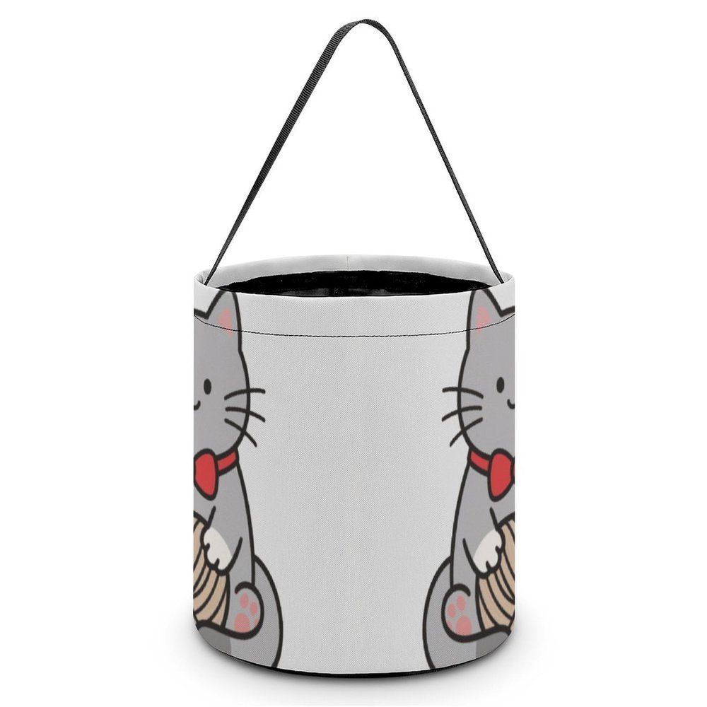 Halloween Trick Or Treat Bag Durable, Gray Cartoon Cat Candy Tote Bag Reusable Gift Bags for Party