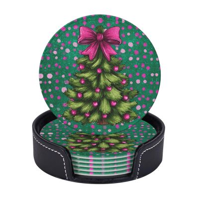 6 Pack Christmas Tree Pink Bow Leather Coasters with HolderNew Year Heat Resistant Drink Coasters Set for Coffee Wine Kitchen Office Bar Table Decor,Round