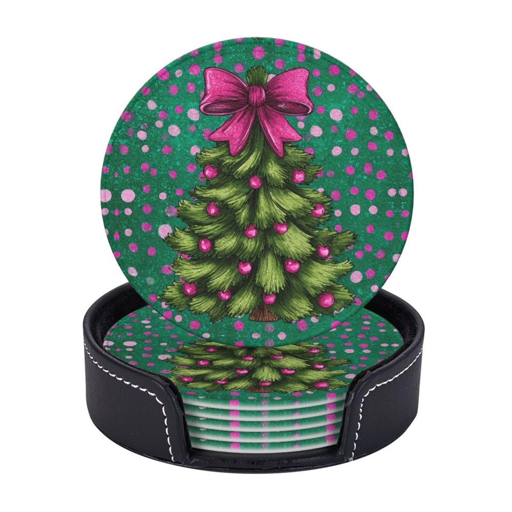 6 Pack Christmas Tree Pink Bow Leather Coasters with HolderNew Year Heat Resistant Drink Coasters Set for Coffee Wine Kitchen Office Bar Table Decor,Round