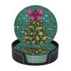 6 Pack Christmas Tree Pink Bow Leather Coasters with HolderNew Year Heat Resistant Drink Coasters Set for Coffee Wine Kitchen Office Bar Table Decor,Round view 1