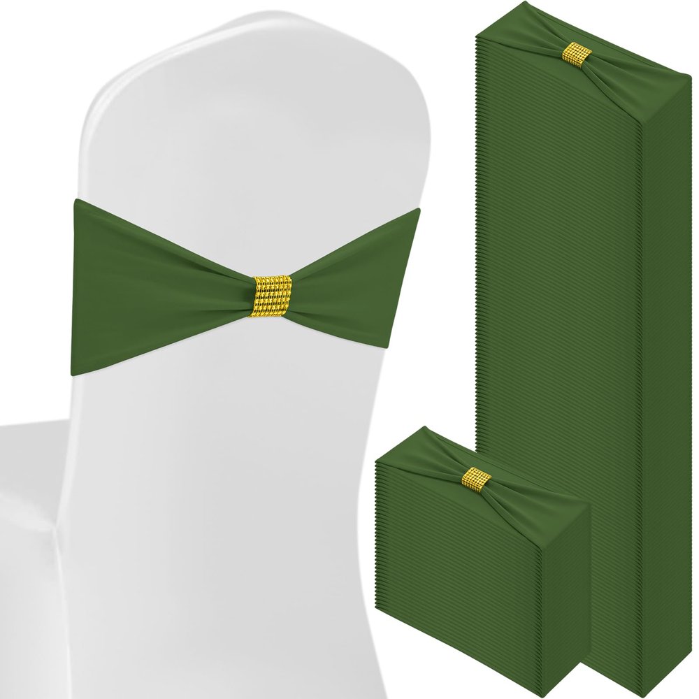 Hahafelt 100 Pack Chair Sashes, Spandex Chair Bows for Party, Olive Green