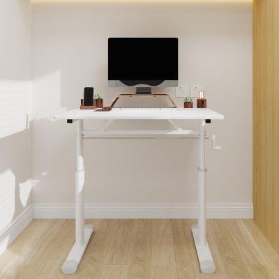 AnoYishev Height-Adjustable Study Office Desk, Sit to Stand Desks Workstation, Manual Crank Adjustable Computer Table for Kids Teens Adults, Multi Compact Design (White, 32 Inches)