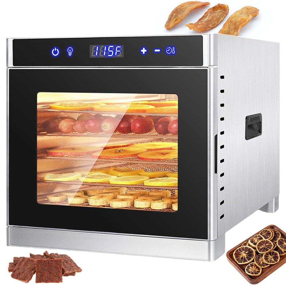 lilishangmao Food Dehydrator Machine with 6 Stackable Stainless Steel Trays, 35C-75C Food Dehydrator for Fruits, Veggies and Meat, Electric Home Dryer Machine, Visible Glass Front Door Silver