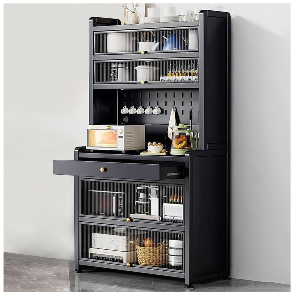68" Kitchen Pantry Storage Cabinet, Freestanding Hutch With Drawer And Wheels, Buffet Sideboard With 4 Hanging Shelves, Coffee Bar With Door, Cupboard For Dining Room,Black,10017,Black,60172cm/246