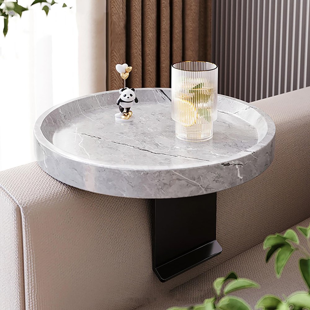 LumaGrove Adjustable Couch Arm Tray, Wooden Sofa Armrest Tray Round Armrest Organizer Tray, Couch Armrest Clip-on Table for Drinks/Remote Control/Snacks Holder(White)