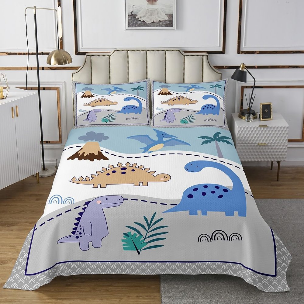 Castle Fairy Kids Dinosaur Bedspread King Size,Cute Wildlife Animal Coverlet Set for Teens Adult Xmas Gift,Cartoon Jungle Dino Quilt Set with 2 Pillowcaes,Polyester Quilted