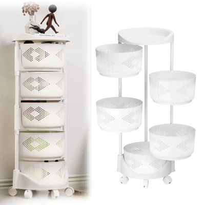 5 Tier Rolling Utility Cart, Storage Cart on Wheels Rolling Kitchen Storage Rack Rotating Storage Shelves Organizer Circular Rotating Basket with Adjustable Height & Detachable for Kitchen Bathroom
