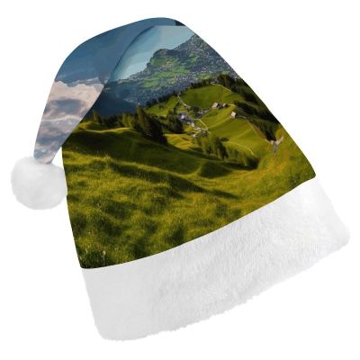 PNHDGBO Switzerland Alps Santa Hat Christmas Hats with Comfort Lining & Plush Brim Xmas Hat Cap for Holiday Festive Party Favors