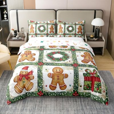 100% Cotton Cute Gingerbread Man Duvet Cover Full Size Christmas Ornaments Comforter Cover for Kids Boys Girls Pacthwork Grid Xmas Gingerbread Man Bed Set Teen Girl Cartoon Cute Bedding Set