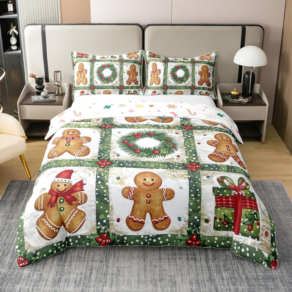 100% Cotton Cute Gingerbread Man Duvet Cover Full Size Christmas Ornaments Comforter Cover for Kids Boys Girls Pacthwork Grid Xmas Gingerbread Man Bed Set Teen Girl Cartoon Cute Bedding Set