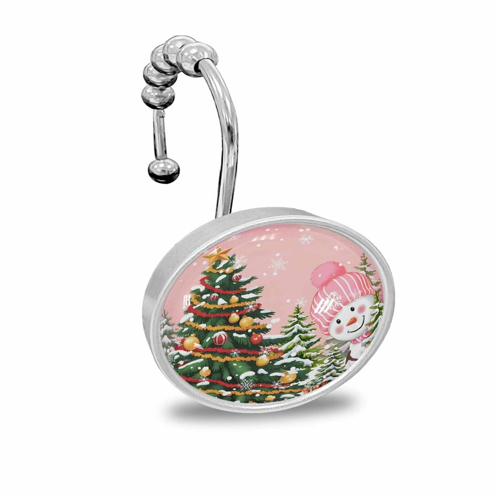 Shower Curtain Hooks Set of 12 Winter Pink Snowman Christmas Trees Decorative Rings for Bathroom Stainless Steel Rustproof Roller Shower Curtain Hangers for Bathtub