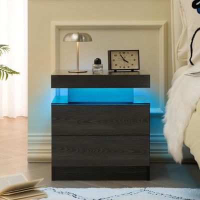 Beuiosda Wooden Nightstand with LED Lights, Bedside Table Cabinet Lights Modern End Side with 2 Drawers, Night Stands for Bedroom for Bedroom Living Room (Black Woodgrain)