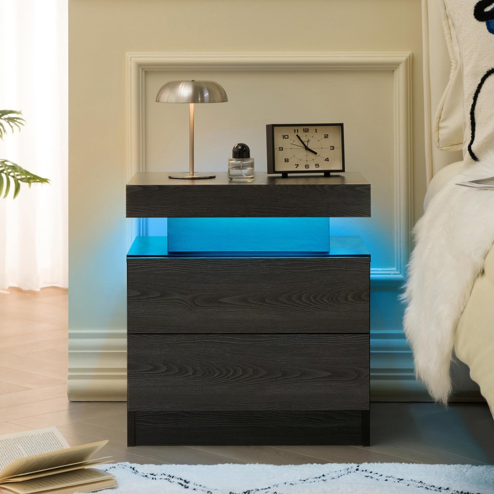 Beuiosda Wooden Nightstand with LED Lights, Bedside Table Cabinet Lights Modern End Side with 2 Drawers, Night Stands for Bedroom for Bedroom Living Room (Black Woodgrain)